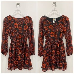 Mimi Chica Long Sheer Sleeve Floral Tie Waist Mini Dress Fit & Flare Red Black